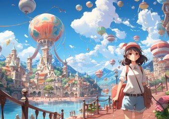 Wall Mural - Anime carnival in the beautiful town. Blue sky and fluffy clouds in the background. 