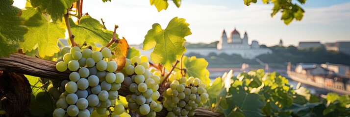 Grapes in vineyard with a cottage scenery. 