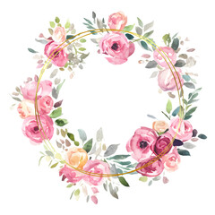 Cute wreath with leaves, watercolor roses, flowers. Vintage Template. wreath, round frame