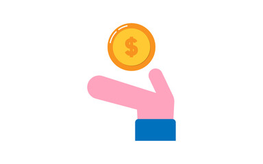 Hand holding gold coin, vector design, concept finance symbol, flat icon...