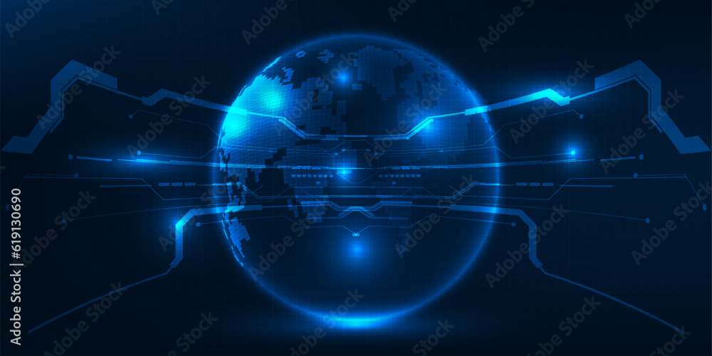 Vector illustration of futuristic neon blue globe sphere with digital ...