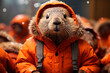 Cute squirrel in winter clothes with a backpack on the street.generative ai