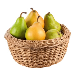 Wall Mural - Illustration of wicker basket full of ripe tasty pears isolated on transparent background. PNG clip art element. Generated with AI.