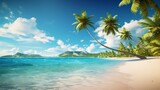 Fototapeta Sypialnia - Beach background, beach landscape, tropical nature scene, palm trees and blue sky, summer vacation concept new quality universal colorful technology stock image illustration design, generative ai