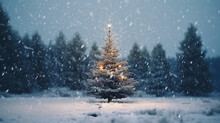 Christmas Tree In The Snow. Generative AI