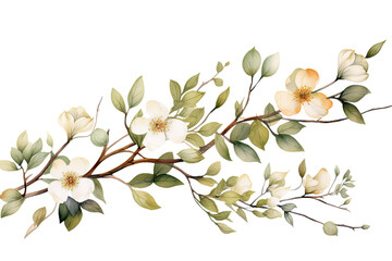 Watercolor of Tropical spring floral green leaves and flowers elements isolated on transparent png background, bouquets greeting or wedding card decoration, with Generative Ai.