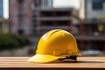 Yellow helmet engineer worker safety construction background.Generative Ai.