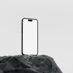 Mockup smartphone with blank white screen On Rock. copy space for brand advertisement. 3D rendering Mockup Template.