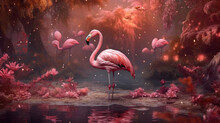 Pink Flamingo Beautiful In The  Fantasy Forest.Generative Ai.