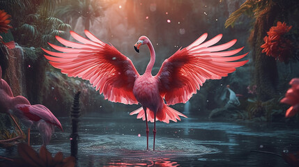 Naklejka na meble Pink flamingo beautiful in the  fantasy forest.Generative Ai.