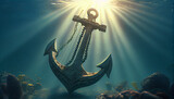 Anchor on the sea. Illustration of big iron anchor underwater view Ai generated image 