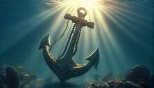 Anchor On The Sea. Illustration Of Big Iron Anchor Underwater View Ai Generated Image 