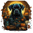 A mysterious Halloween Rottweiler dog, donning a t-shirt design with intricate occult symbols and mystical sigils, situated in a dimly lit library filled with ancient books, Generative Ai