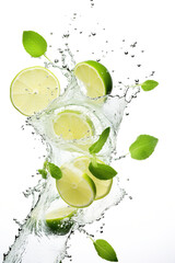 Wall Mural - Limes are falling into a glass of water. Generative AI. Green mint leaves and refreshing citrus taste.