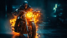 Ghost Rider With Flaming Motorcycle. Generative Ai
