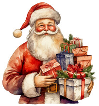 Watercolor Illustration Of Retro Santa Claus. Ai Illustration. Transparent Background, Png