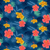 Fototapeta Na ścianę - Tropical flower pattern seamless, silhouette of blooming, hand drawn botanical, Floral leaf for spring and Summer time, natural ornaments for textile, fabric, wallpaper, background design.