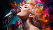 © Keitma - Portrait of a woman singing in colorful splatter over a microphone