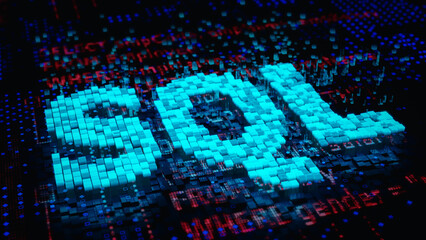 Wall Mural - sql word and sql statements (structured query language) code on a blue matrix background. 3d renderi
