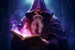 Fantasy illustration of an evil sorcerer in a purple robe casting a strong magic spell, powerful and mysterious, character design, Generative AI