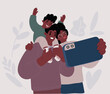 Cartoon of Portrait of afro american family Portrait of afro american family with kid. Father with boy son child on hands, Mother take photo with phone