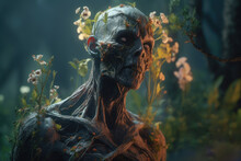 Close-up Portrait Of A Horrible Scary Zombie With Plants. Generative AI