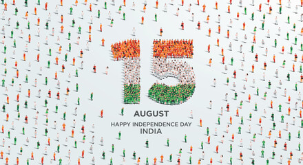 happy independence day india. a large group of people form to create the number 15 as india celebrat