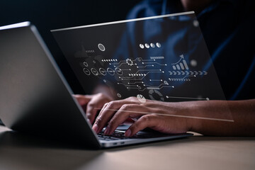 Concept analyst working with Business Analytics and Data Management System on computer. Bussinessman using laptops analyst working with data analysis business growth marketing and opportunity.