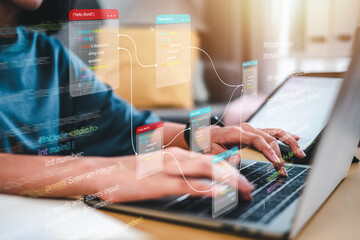 Concept programmer, Developer programming and coding technology, Hand Close up asianwoman using laptop and tablet artificial coding business data analytics programming.