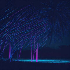 Tropical Party Beach Scene With Neon Colors, Night, Summer Background, Generative Ai