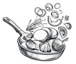Vegetables falling into frying pan. Healthy eating, vegetarian food. Sketch vector illustration