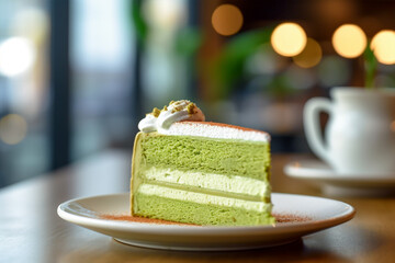 Green matcha cream cake on table