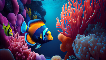 Tropical sea underwater fishes on coral reef. Aquarium oceanarium wildlife colorful marine panorama landscape nature snorkel diving.  Colorful underwater world background coral reef Ai generated image