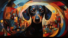 Abstract Dachshund In The City. Digital Artwork Painting. 
