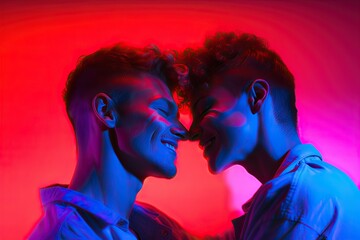 smiling couple gay, LGBT concept, positive and joyful. Neon club color background