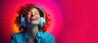 © CravenA - Generative AI illustration of smiling woman listening to music - positive and joyful. Solid color neon background