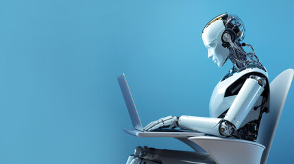 A humanoid robot works on a laptop on a blue background. Banner, place for text. AI generation