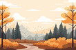 Landscape of a beautiful autumn forest against the backdrop of mountains. Vector illustration. Stunning landscape of mixed forest in autumn season.