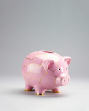 Broken Pastel Pink Piggy Bank Restored With Japanese Kintsugi Restoration Technique. Concept Of Savings, Finance, Debts, Refinancing. Generative AI.
