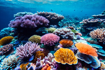 Wall Mural - Underwater view of vibrant coral reefs and exotic marine life with beautiful natural ocean background. Wildlife concept of ecological environment. Generative AI
