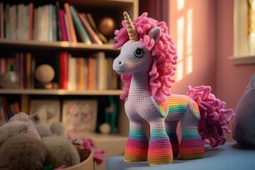 A toy unicorn in a child's room, a collectible crocheted doll, a soft toy, a character for fairy tales and stories in books. Created with artificial intelligence,Generative AI	