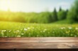 © dhiyaeddine - Beautiful spring green meadow background with empty wooden table for product display Generative AI