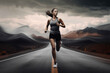 © AIproduction - Fitness training: woman jogging on a scenic road. Generative AI