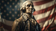 Statue of George Washington with American flag in the background created with generative AI technology