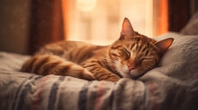 Happy Time Cute Cat Sleeping On The Bed With Blured Morning Light Backgounds, Generative Ai
