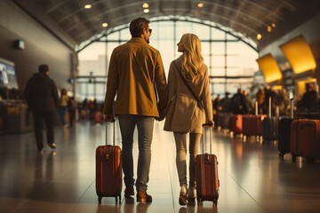 Wall Mural - A man and a woman walking through an airport. Generative AI. Digital nomands, relocating people.