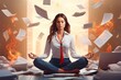 Generative AI illustration of calm business woman female leader woman sitting in lotus position meditating in office feels calmness throw documents business conflict quarrel on background