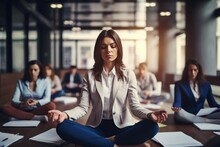 Generative AI Illustration Of Calm Business Woman Female Leader Woman Sitting In Lotus Position Meditating In Office Feels Calmness Throw Documents Business Conflict Quarrel On Background