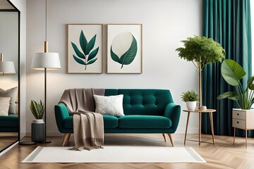 warm and cozy composition of spring living room interior with mock-up poster frame, wooden sideboard
