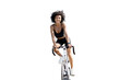 © muse studio - A cheerful cyclist in a cycling suit is a curly-haired millennial woman riding a rest, training bike. Transparent background, isolate.
